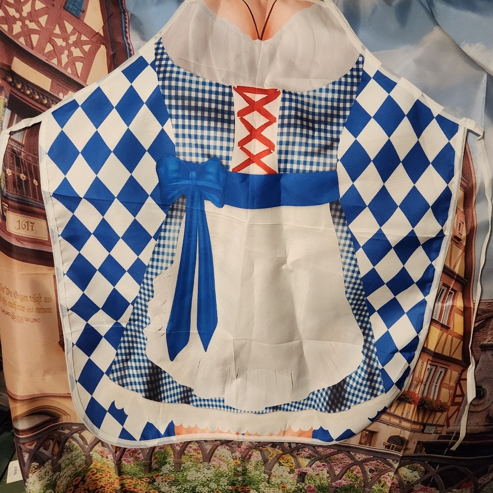 Blue and White Bavarian Dirndl Apron Women's German Costume NEW